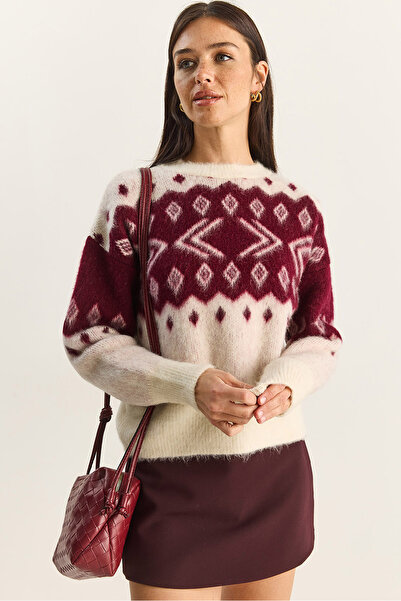 Bianco Lucci Women's Crew Neck Patterned Fleece-Lined Knitwear Sweater 20251117