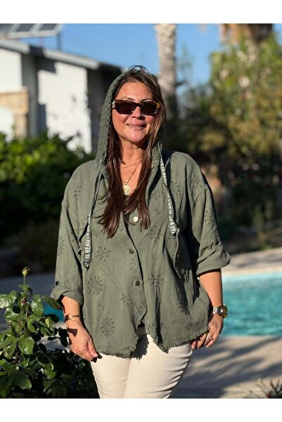 Punta Otantik Yg25068 Hooded Lace-Up Buttoned Italian Denim Jacket Khaki