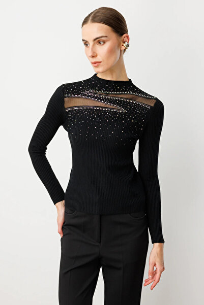 ON TRİKO Transparan Detaylı Dik Yaka Triko Kazak 60391-26k