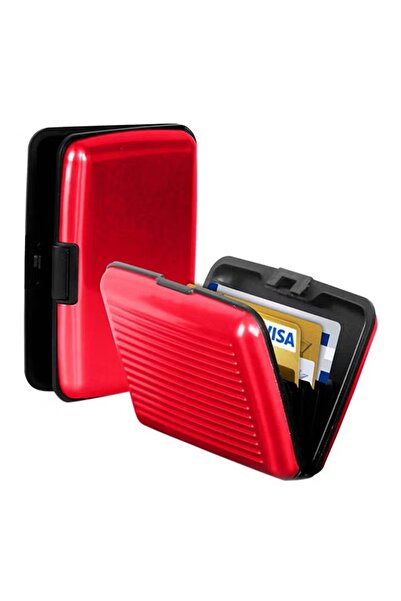 Generic Aluminum card wallet, red, ribbed design, multi-pocket