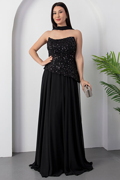 PULLIMM Rochie de seară din șifon, fără bretele, cu paiete, ECR5701