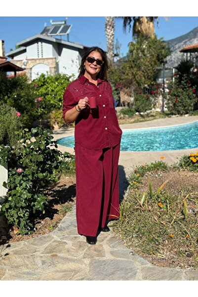 Punta Otantik Nc25446 Italian Velvet Sequin Pants Blouse Set Burgundy