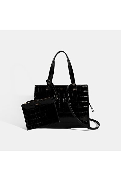 Desa Women's Black Crocodile Printed Leather Shoulder Bag with Wallet Accessories