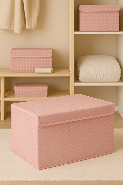 Serstil Medium Size Box with Lid – Clothes Blanket Storage Box Organizer 50X40X30 cm - Pink Spotted