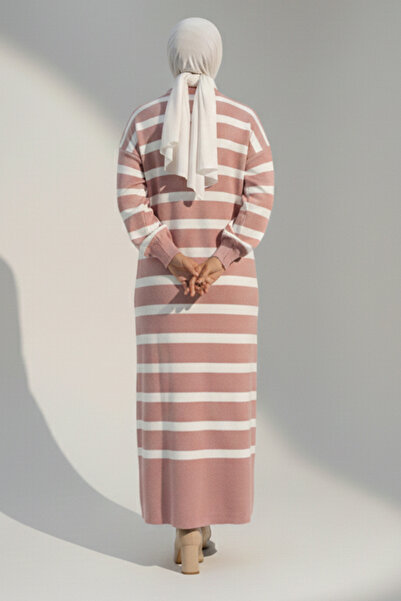 benguen Striped Knit Dress with Button Detail at the Collar 11031-1 Powder