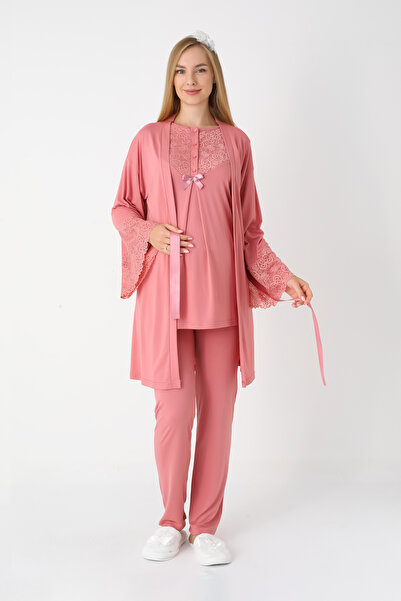 ERDENİZ TEKSTİL Maternity Lace Detailed Sleeve Maternity Pajamas Dressing Gown Set - Cotton Viscose Pomegranate Flower and Beige