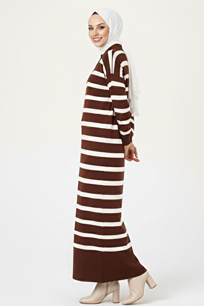 benguen Striped Knit Dress with Button Detail at the Collar 11031-1 Brown