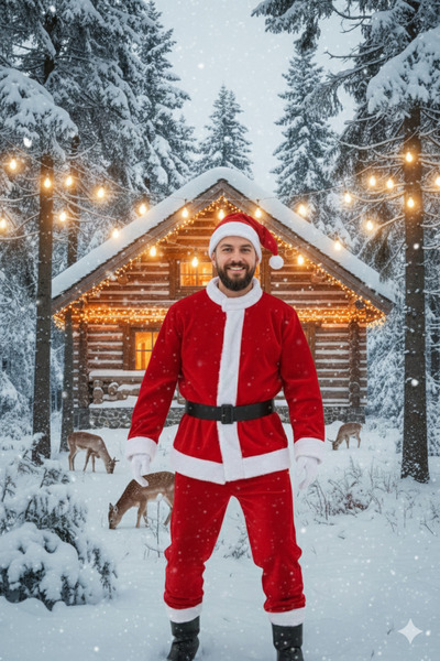 Parti Kırtasiye Men's Santa Claus Costume Red White Plush Detailed Christmas Party Winter Celebration Outfit Set