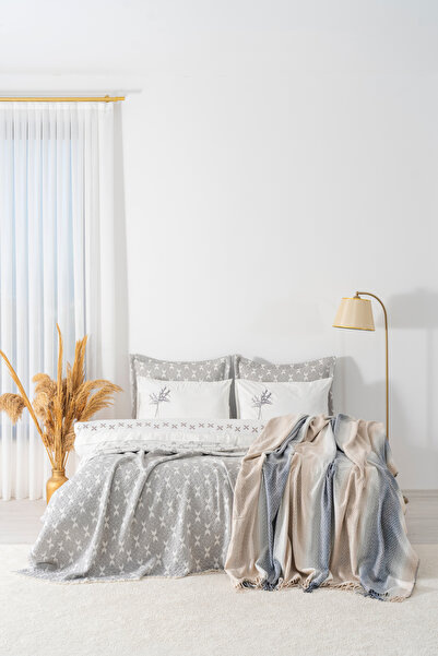 Rivaİstanbul Fashion Gray Embroidered Double Duvet Cover Set - 8 Piece Dowry Set