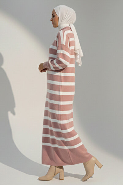 benguen Striped Knit Dress with Button Detail at the Collar 11031-1 Powder