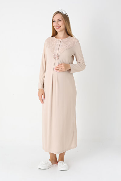 ERDENİZ TEKSTİL Lace Sleeve Maternity Nightgown and Robe Set Viscose Cotton - Pomegranate Flower and Mink
