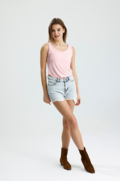 schlank Women's Pink Plain Zero Sleeve Pool Collar Sandy Fabric Blouse