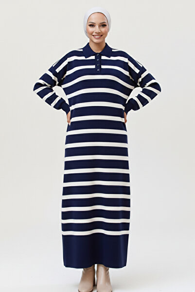 benguen Striped Knitwear Dress with Button Detail on the Collar 11031-1 Navy Blue
