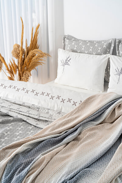 Rivaİstanbul Fashion Gray Embroidered Double Duvet Cover Set - 8 Piece Dowry Set
