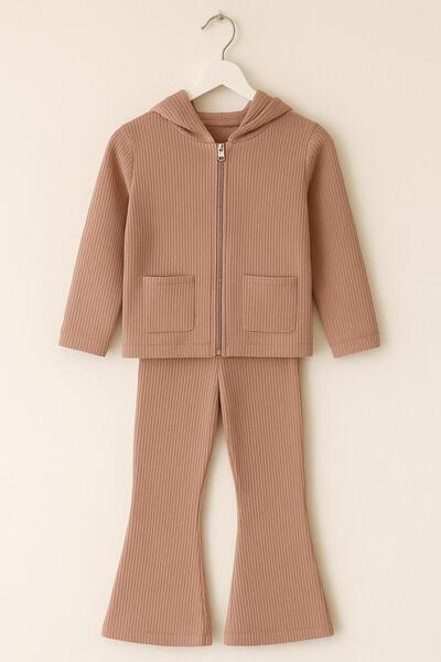 RAPAPA Girl's Dusty Rose Ribbed Tracksuit Set – Hooded Zippered Top and Relaxed Fit Bottom 6009