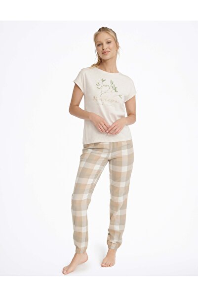 ESOTIQ Women's Classic Pajama Set 2-Piece T-Shirt & Slim Pants Plaid 100% Cotton Comfortable | Mallow