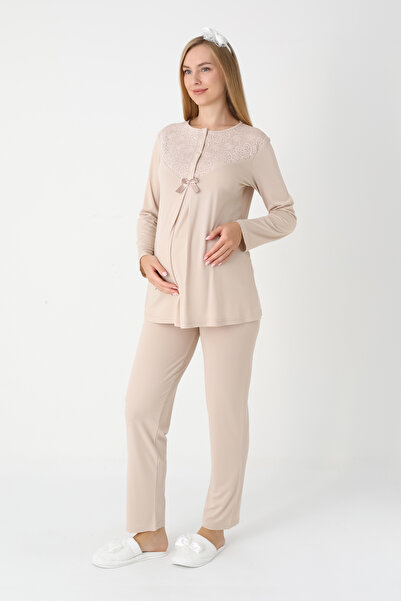 ERDENİZ TEKSTİL Σετ πιτζάμες εγκυμοσύνης με δαντέλα με λεπτομέρειες - Βαμβακερό βισκόζη λουλούδι ρόδι και μπεζ