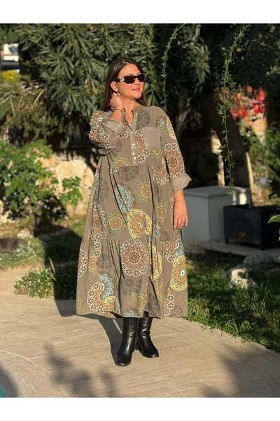 Punta Otantik Yg12573 Mandala Pattern Italian Velvet Dress Khaki