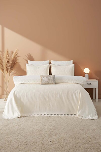 Rivaİstanbul İlay Ecru Embroidered Double Duvet Cover Set - 8 Piece Dowry Set