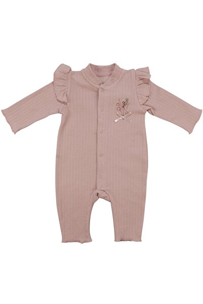 bebegen Baby Girl Powder-Colored Ruffled Shoulders Floral Embroidered Snap-On Jumpsuit