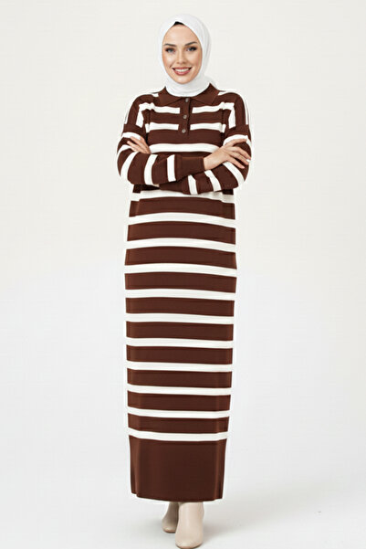 benguen Striped Knit Dress with Button Detail at the Collar 11031-1 Brown