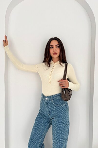 Noi Belis Premium İplik D Mock Neck Half Placket Button Knitwear Sweater Aw25Kz0116