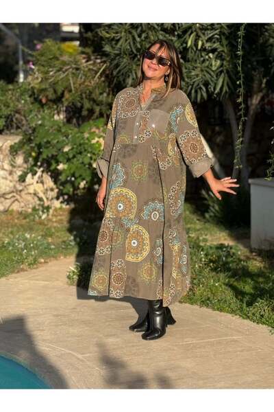 Punta Otantik Yg12573 Mandala Pattern Italian Velvet Dress Khaki