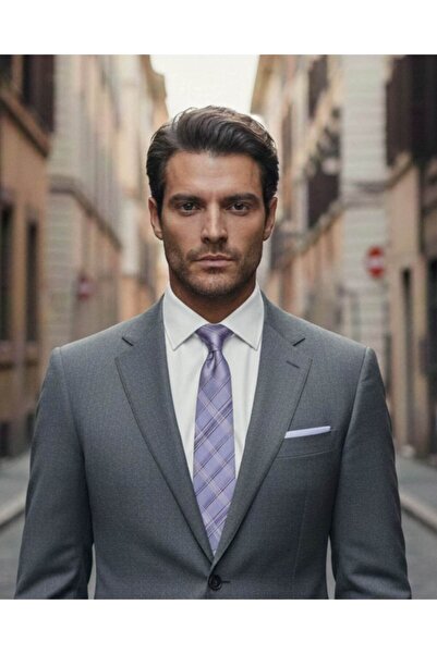 1001 Kravat Plaid Patterned Lilac Tie - 8 cm Width