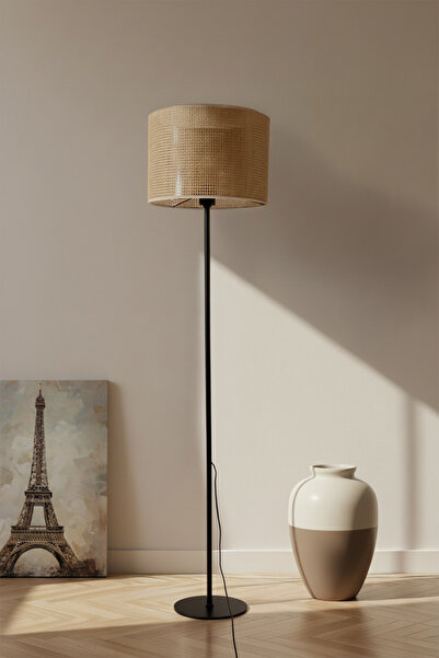Marrien June Bohem Rattan Görünümlü Siyah Metal Ayaklı Lambader 145cm Dekoratif Salon Köşe Lambası