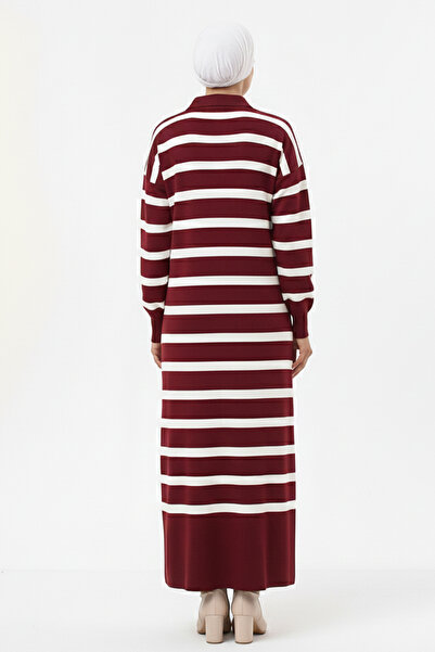benguen Striped Knit Dress with Button Detail at the Collar 11031-1 Claret Red