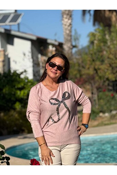 Punta Otantik YG30301 Ribbon Patterned Italian Knit Blouse Powder Pink