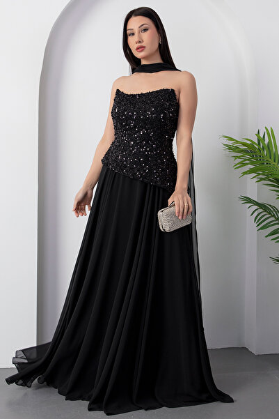 PULLIMM Rochie de seară din șifon, fără bretele, cu paiete, ECR5701