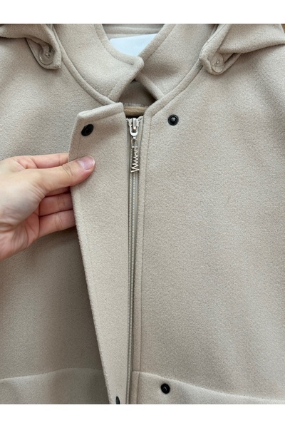 BENAHOLL Camilia Beli Tünelli Hooded Fur Full Length Coat-Zş4712 Stone