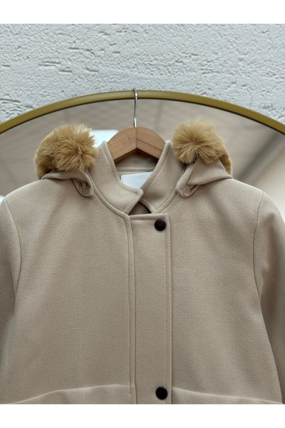 BENAHOLL Camilia Beli Tünelli Hooded Fur Full Length Coat-Zş4712 Stone