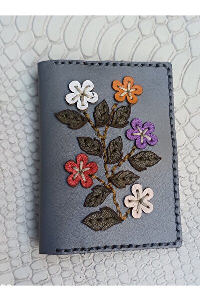 Durush Collection Design Real Leather Grey Floral Hand Embroidered Card Holder