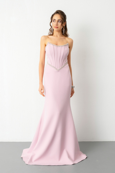 Lafaba Women's Powder Strapless Stone Peplum Cut Promise Engagement Wedding Evening Dress