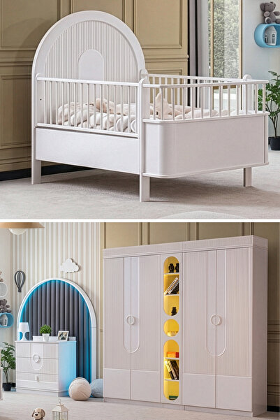 Setay Venüs Çocuk Odası Takımı, Venüs Büyüyen Beşik, Vira 4 Kapaklı Kitaplıklı Dolap, Şifonyer - Beyaz