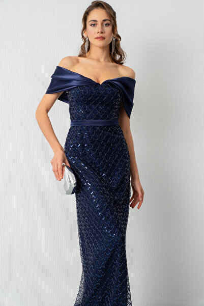 Lafaba Women's Navy Blue Collar Organza Detail Sequined Long Evening Dress Elibse