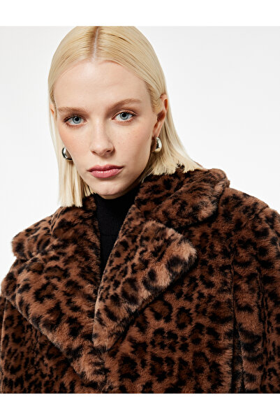 Koton Faux Fur Coat Leopard Print Long Sleeve with Pockets