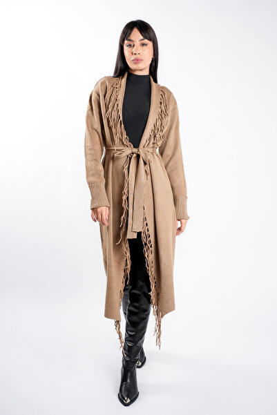 monarh Dark Beige modal cardigan with fringes and drawstring