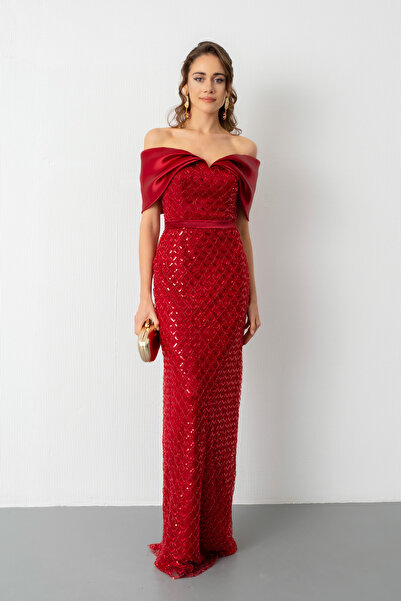 Lafaba Women's Burgundy Collar Organza Detail Sequin Long Evening Dress Elibse