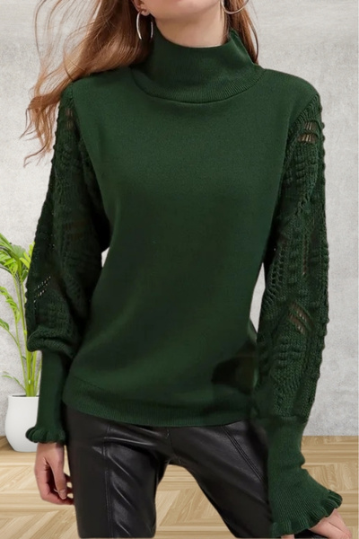 hanope Women's Green Half Turtle Sleeve Lace Detailed Sweater
