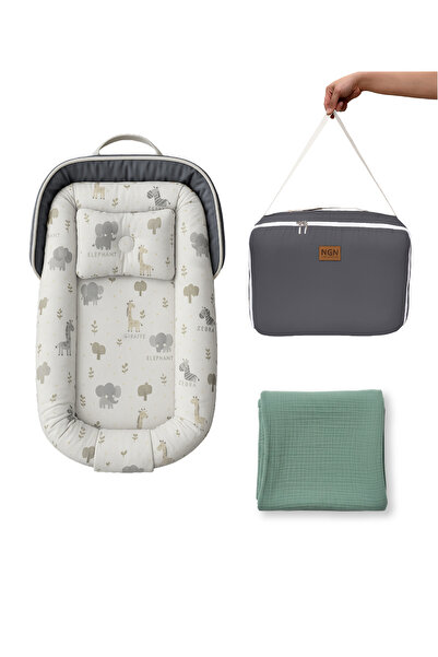ngn collection Baby Nest with Bag + 4-Layer Muslin Blanket Portable Mother's Side Bed Newborn Gray Nest