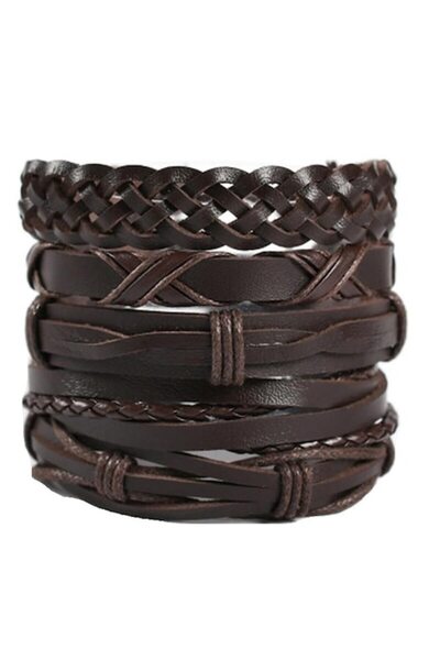 OEM leather braided bracelet set, adjustable, unisex, brown