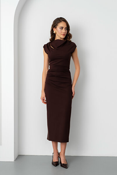 Lafaba Дамска кафява рокля с детайли на яката, подходяща за парти