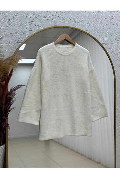 MİHRA STORE Celoria Tunica cu mâneci largi cu barbă material reiat - KR5024 Alb