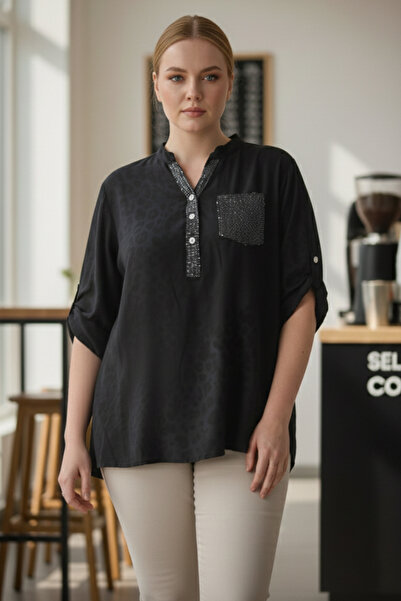 Chiccy Ιταλική μπλούζα μεγάλου μεγέθους, μαύρη μπλούζα με γιακά δικαστή με κουμπιά, λεοπάρ στάμπα, με τσέπες, μακριά υφαντή πλάτη 72 65