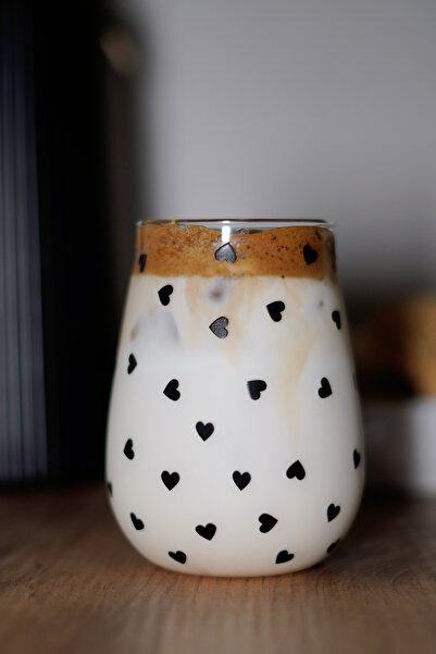 Caga Home CAGA Pinterest 4'lü Siyah Kalp Desenli Cam Su Bardağı Seti 350 Ml