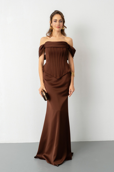 Lafaba Women's Brown Boat Neck Underwire Peplum Cut Satin Evening Dress