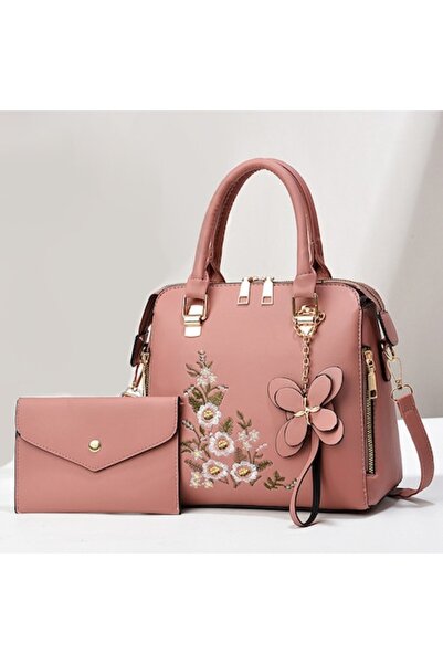 OEM Set geantă de damă cu portofel și pandantiv cu floare, 2 piese, piele eco...